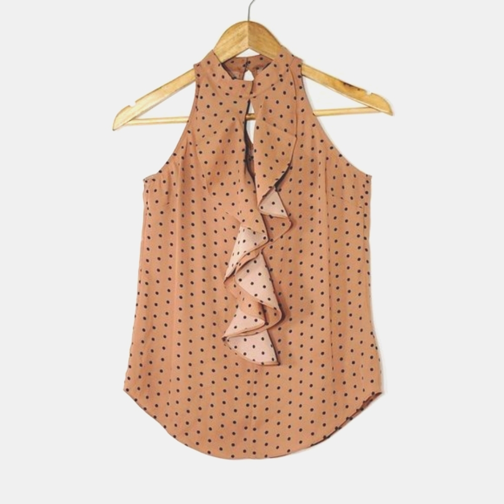 RW&CO. Sleeveless Ruffle Halter Polka Dot Top - Tan & Black